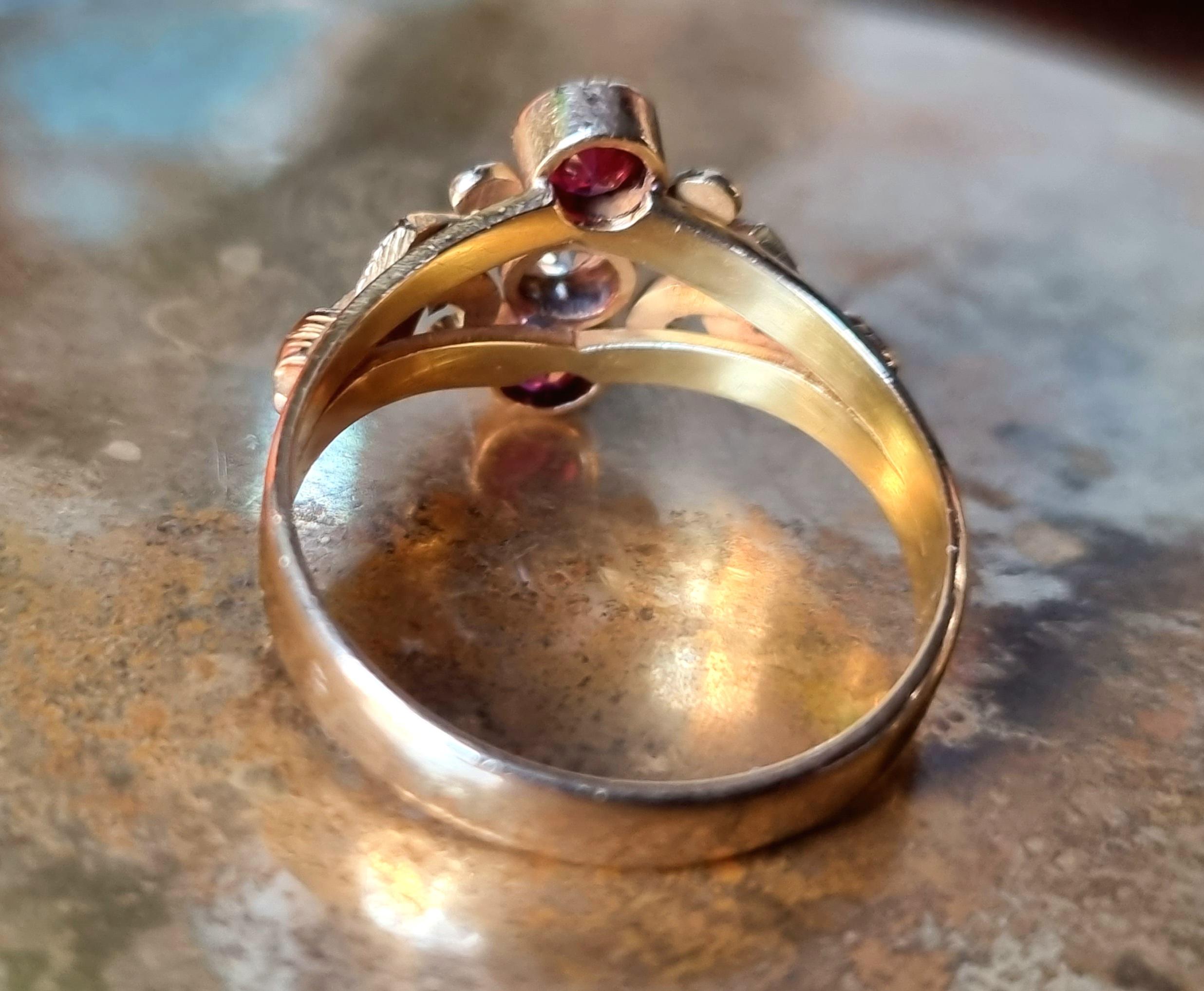 Vintage Victorian Style Ruby and Diamond Three Stone Ring For Sale 2