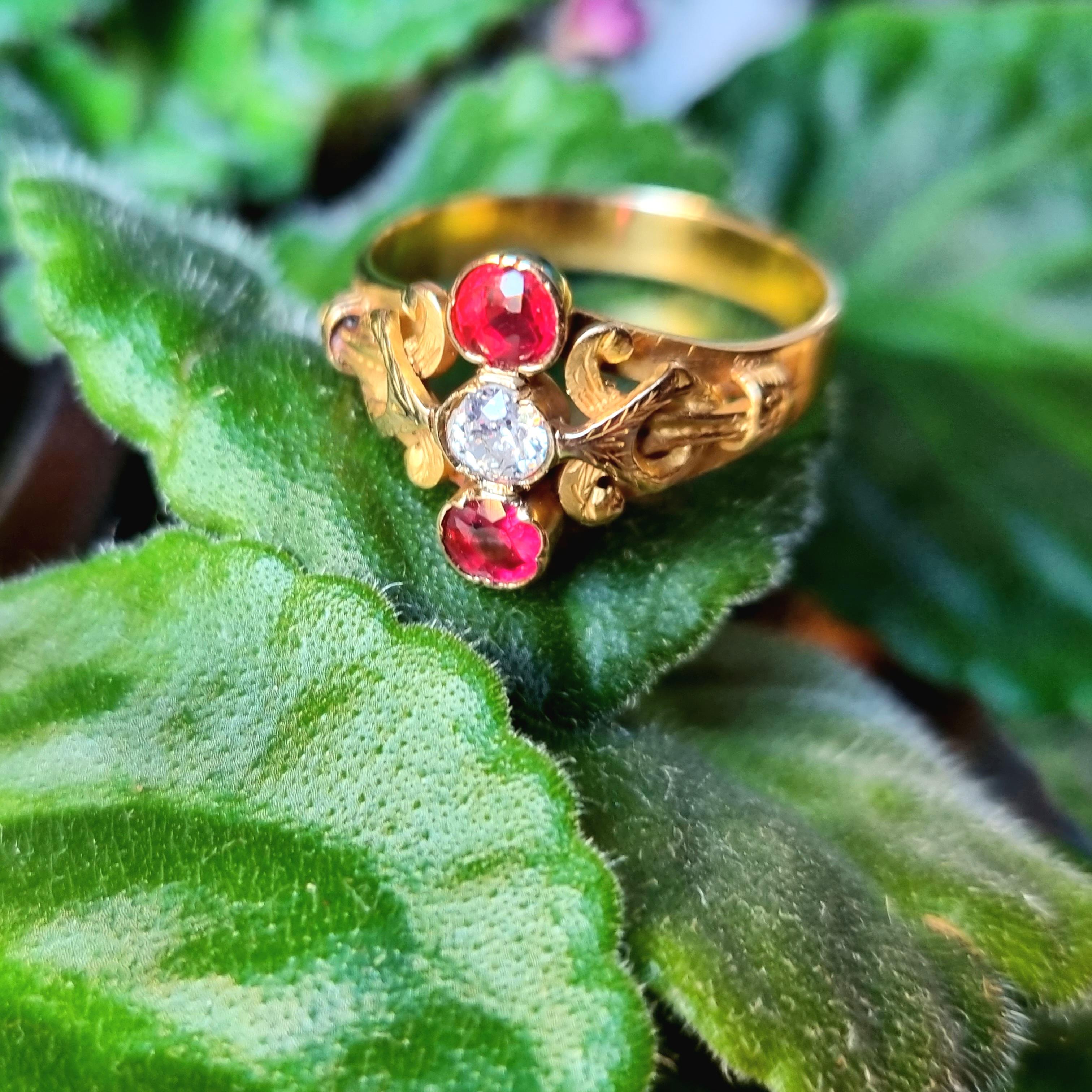 Vintage Victorian Style Ruby and Diamond Three Stone Ring For Sale 3