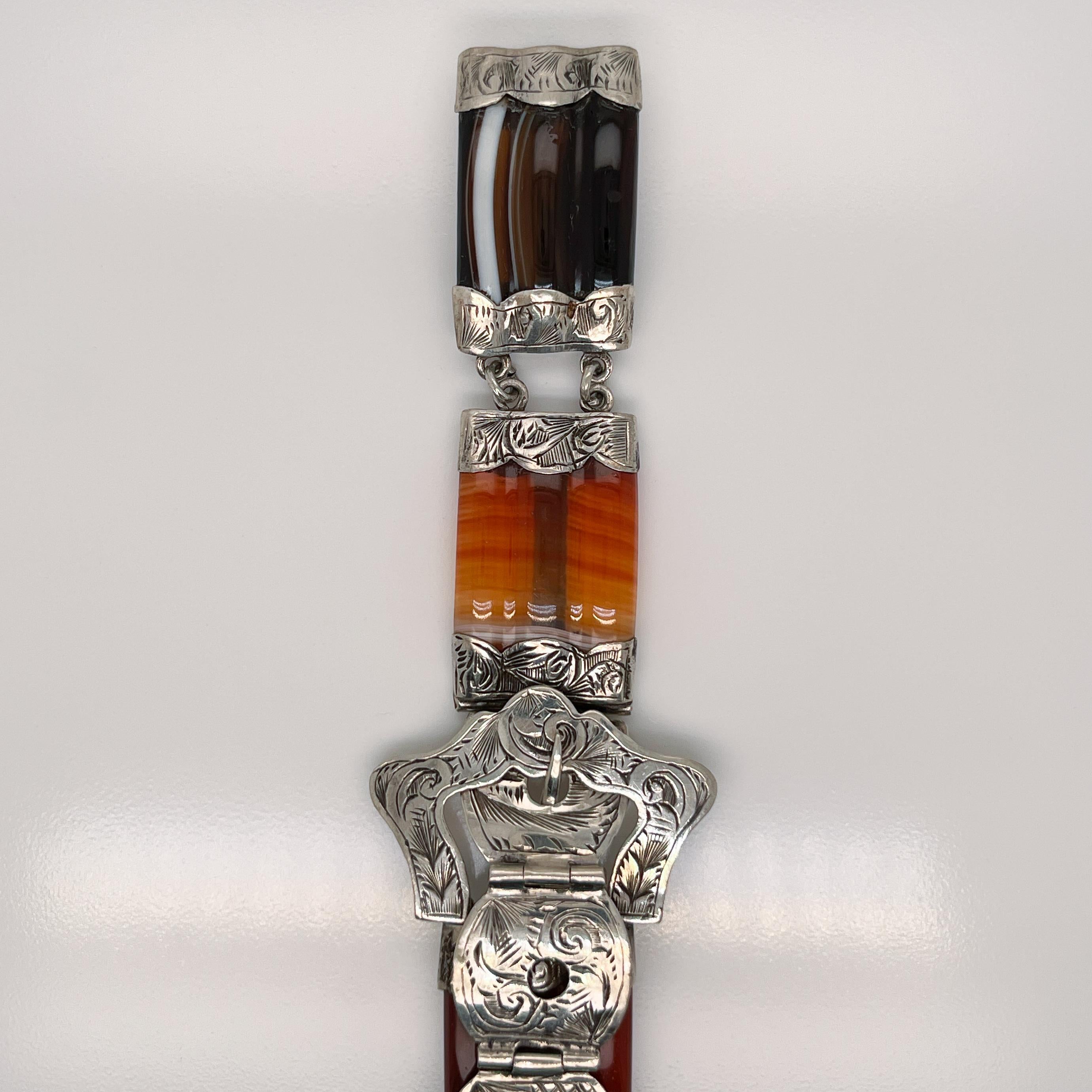 Vintage Victorian Style Scottish Agate & Sterling Silver Link Buckle Bracelet 4