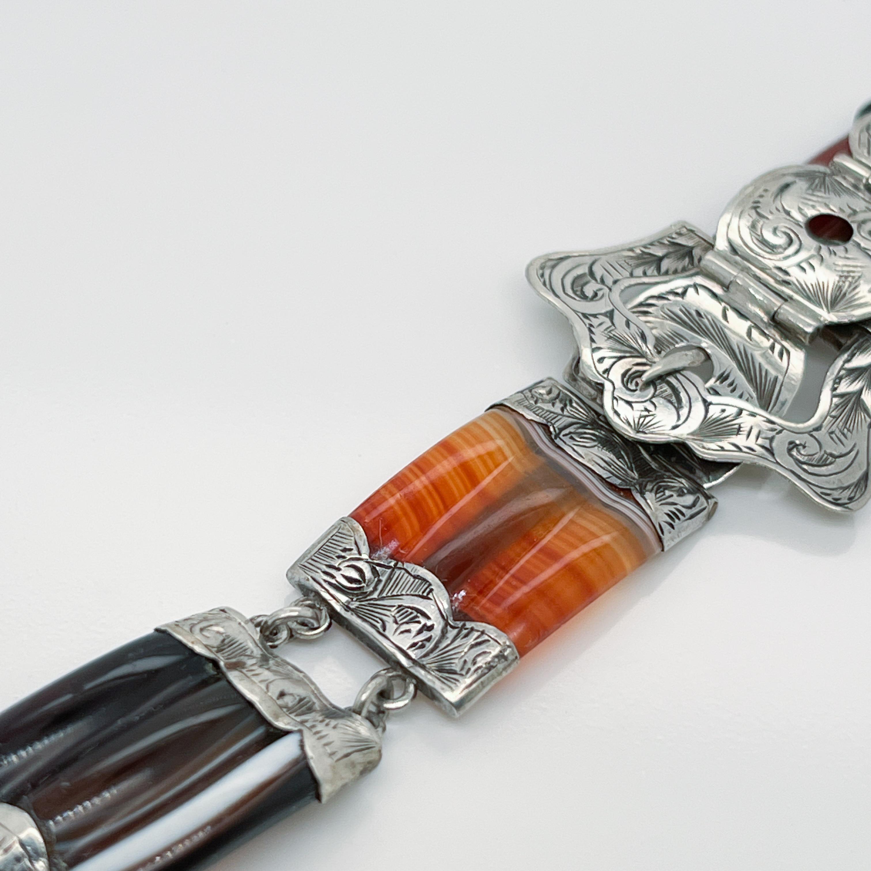 Vintage Victorian Style Scottish Agate & Sterling Silver Link Buckle Bracelet 6