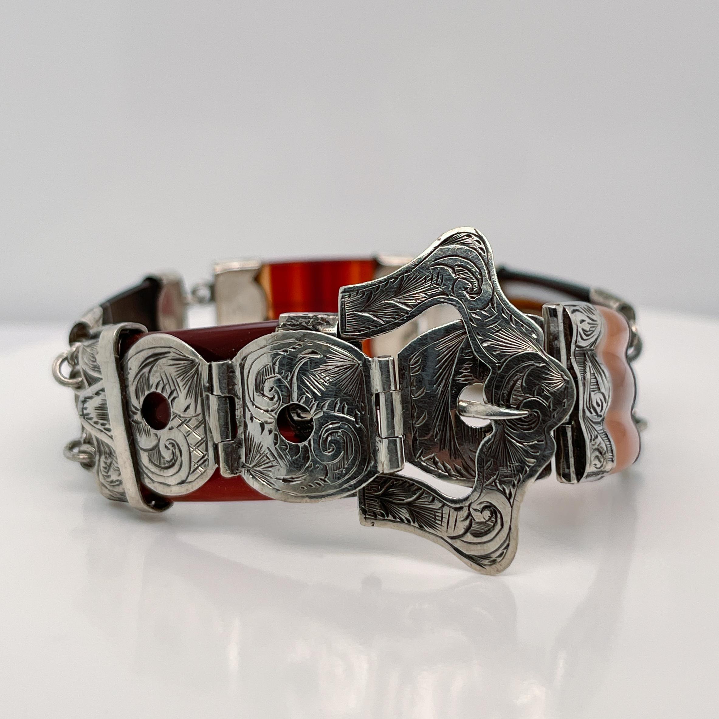 Women's Vintage Victorian Style Scottish Agate & Sterling Silver Link Buckle Bracelet