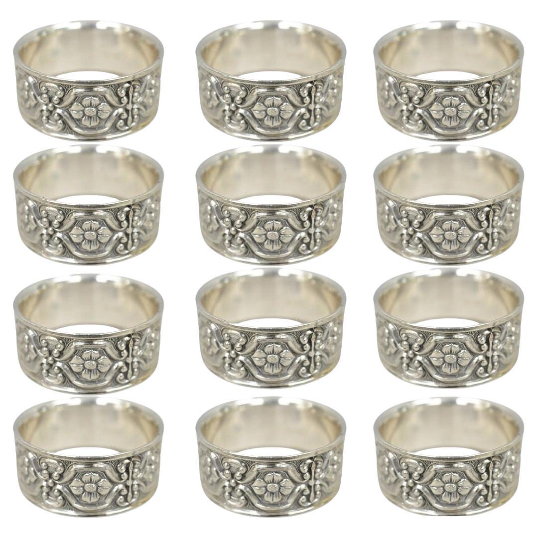 Vintage Victorian Style Silver Plated Floral Embossed Napkin Rings - Set of 12