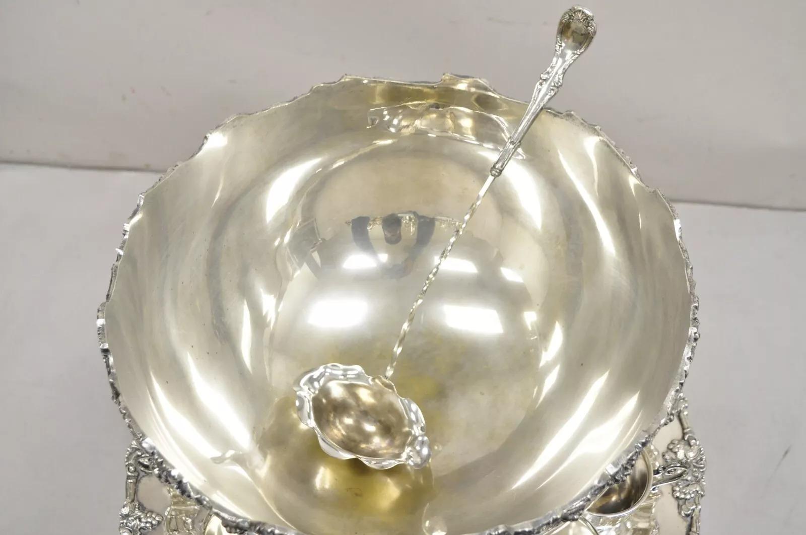 Vintage Victorian Style Silver Plated Grapevine Punch Bowl Set 12 Cups - 15 pcs 7