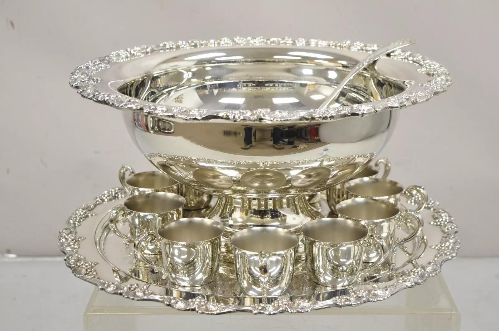 Vintage Victorian Style Silver Plated Grapevine Punch Bowl Set 12 Cups - 15 pcs 7