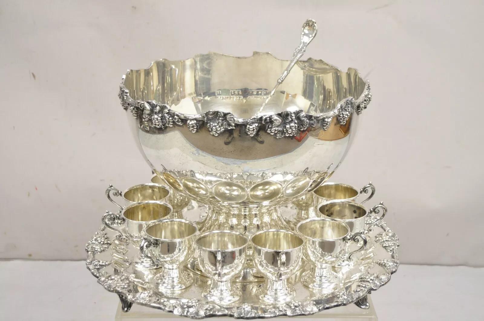 Vintage Victorian Style Silver Plated Grapevine Punch Bowl Set 12 Cups - 15 pcs 8