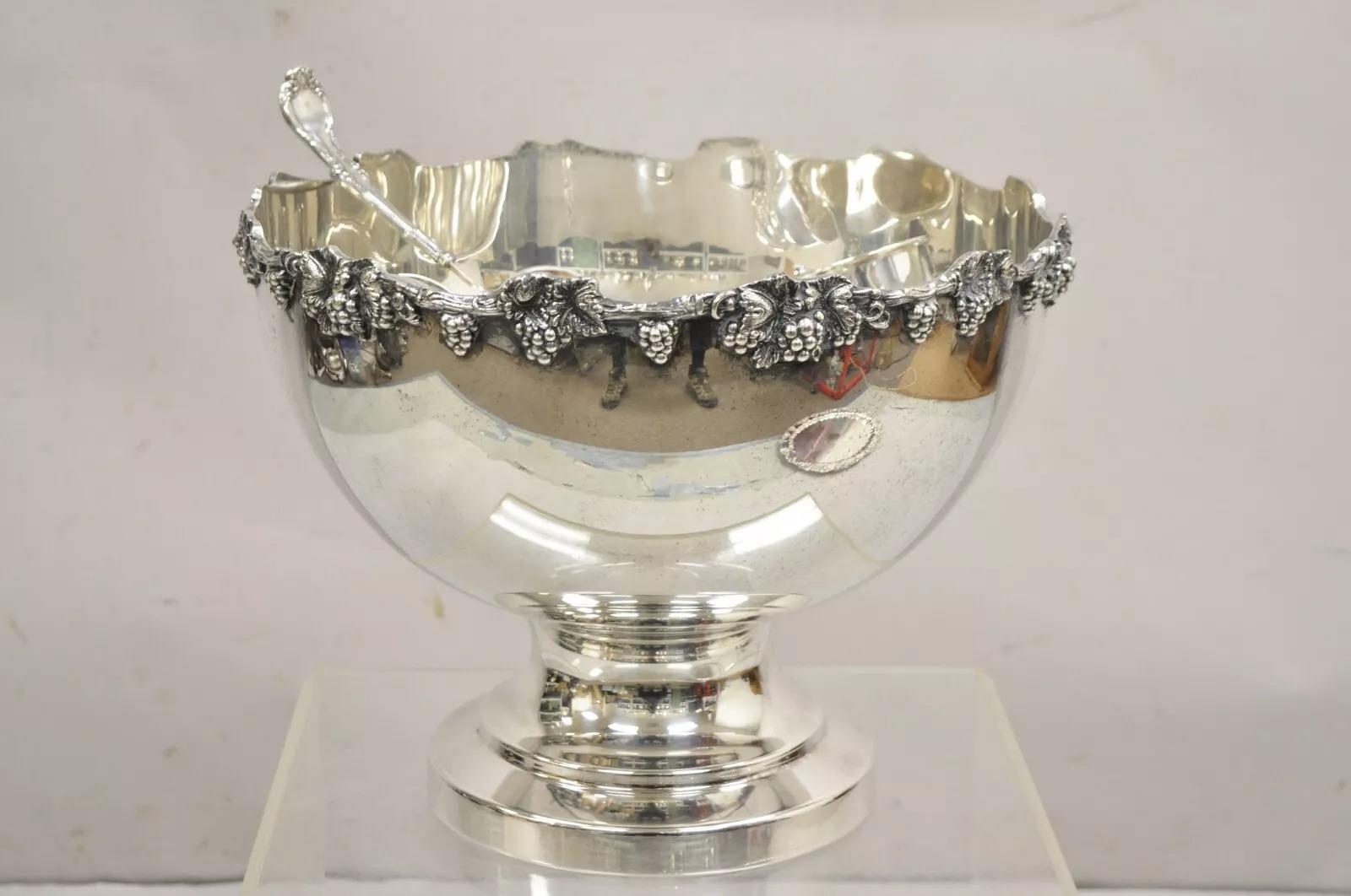 Vintage Victorian Style Silver Plated Grapevine Punch Bowl Set with 12 Cups - 15 pcs by BSC Co. Item features a Grapevine pattern, 12 cups, round ornate tray/platter, large pedestal punch bowl, 1 ladle spoon, very nice vintage set, Circa Late 20th