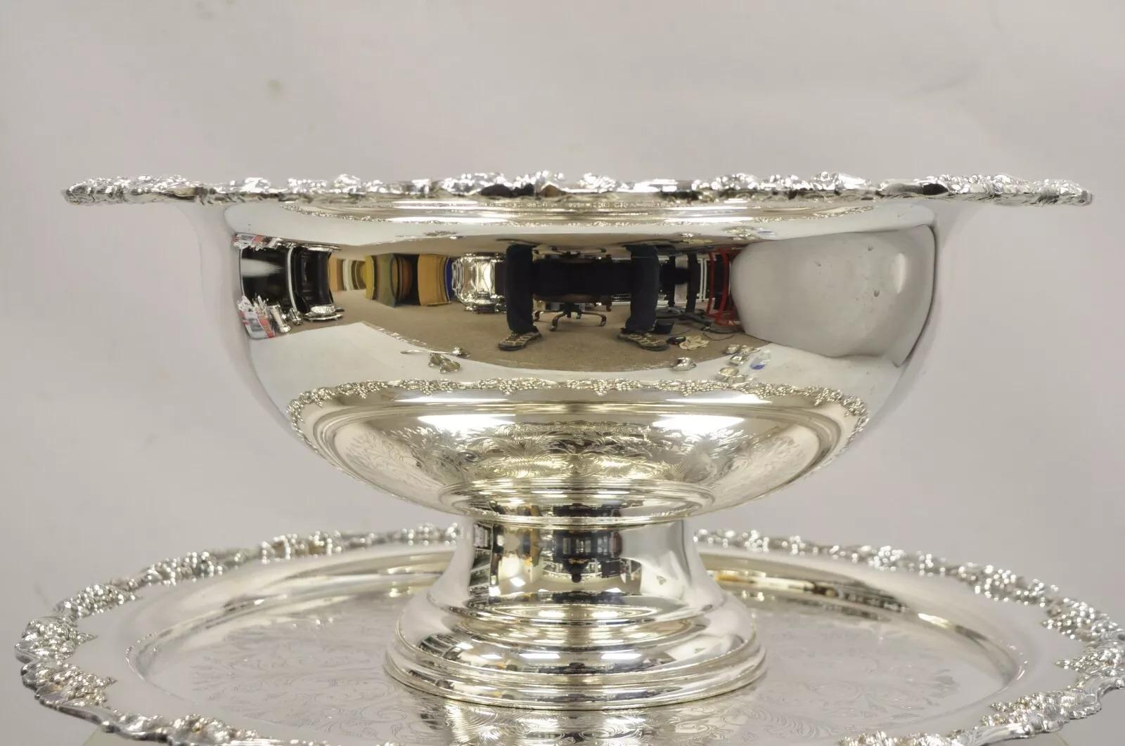 Unknown Vintage Victorian Style Silver Plated Grapevine Punch Bowl Set 12 Cups - 15 pcs