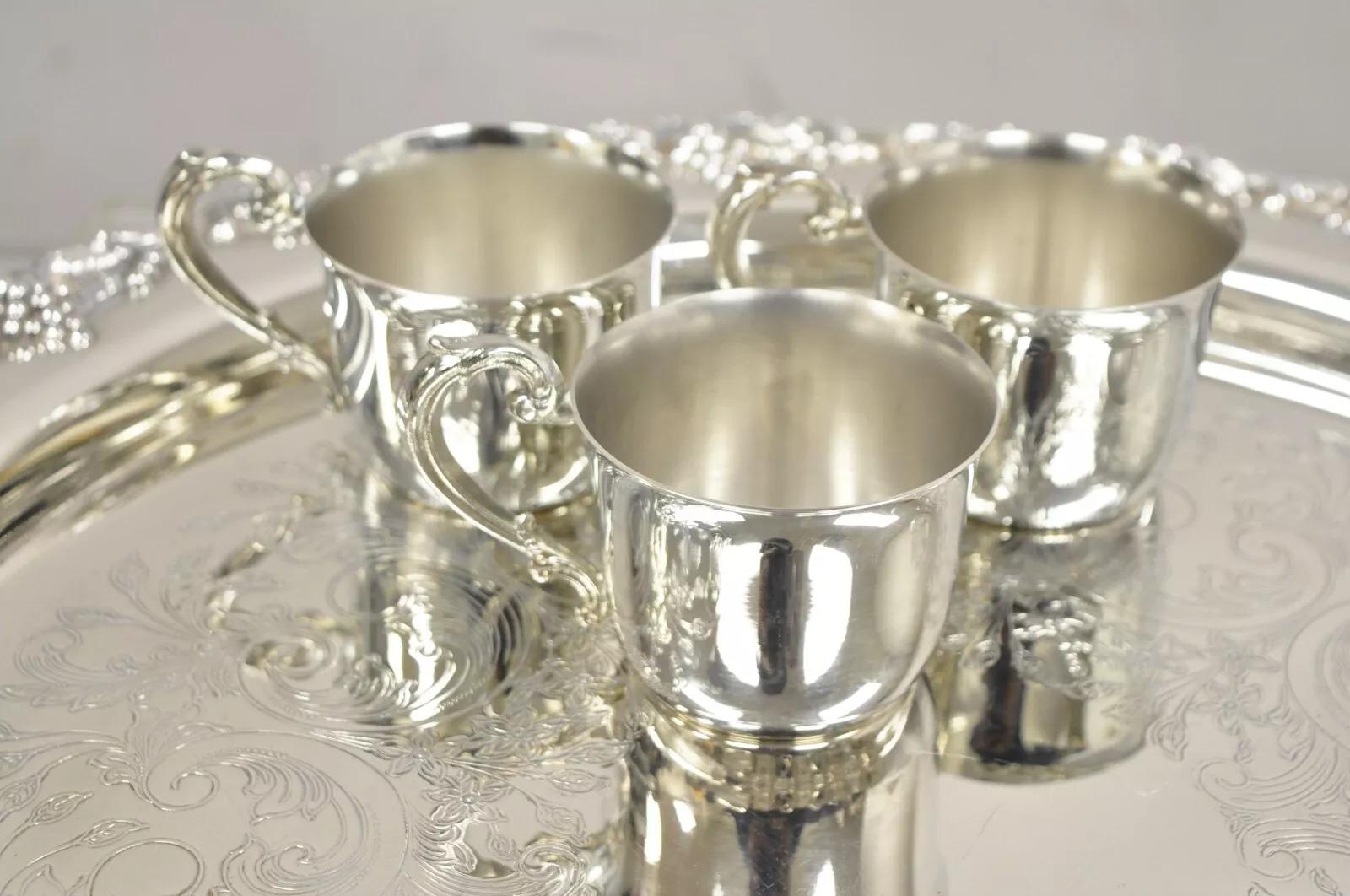 Vintage Victorian Style Silver Plated Grapevine Punch Bowl Set 12 Cups - 15 pcs In Good Condition In Philadelphia, PA