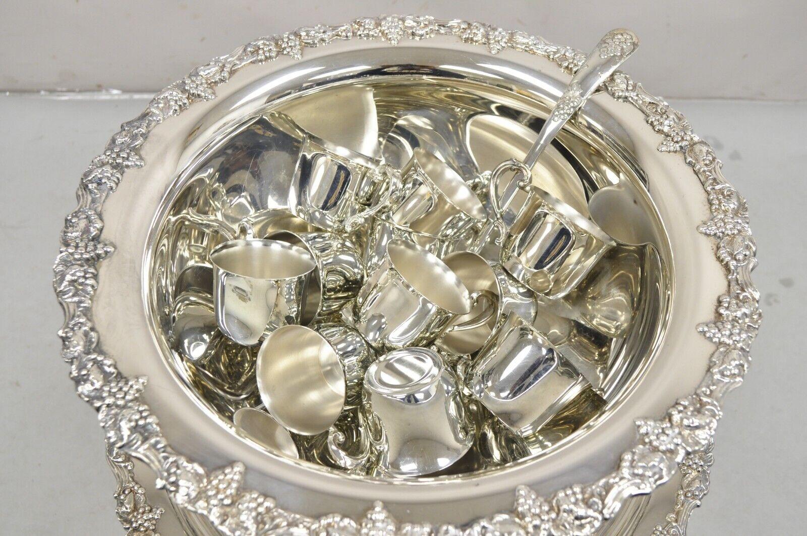 Vintage Victorian Style Silver Plated Grapevine Punch Bowl Set 12 Cups - 15 pcs For Sale 3