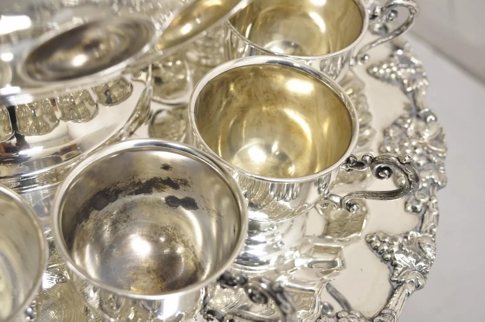 Vintage Victorian Style Silver Plated Grapevine Punch Bowl Set 12 Cups - 15 pcs 4