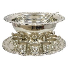 Retro Victorian Style Silver Plated Grapevine Punch Bowl Set 12 Cups - 15 pcs