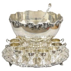 Vintage Victorian Style Silver Plated Grapevine Punch Bowl Set 12 Cups - 15 pcs