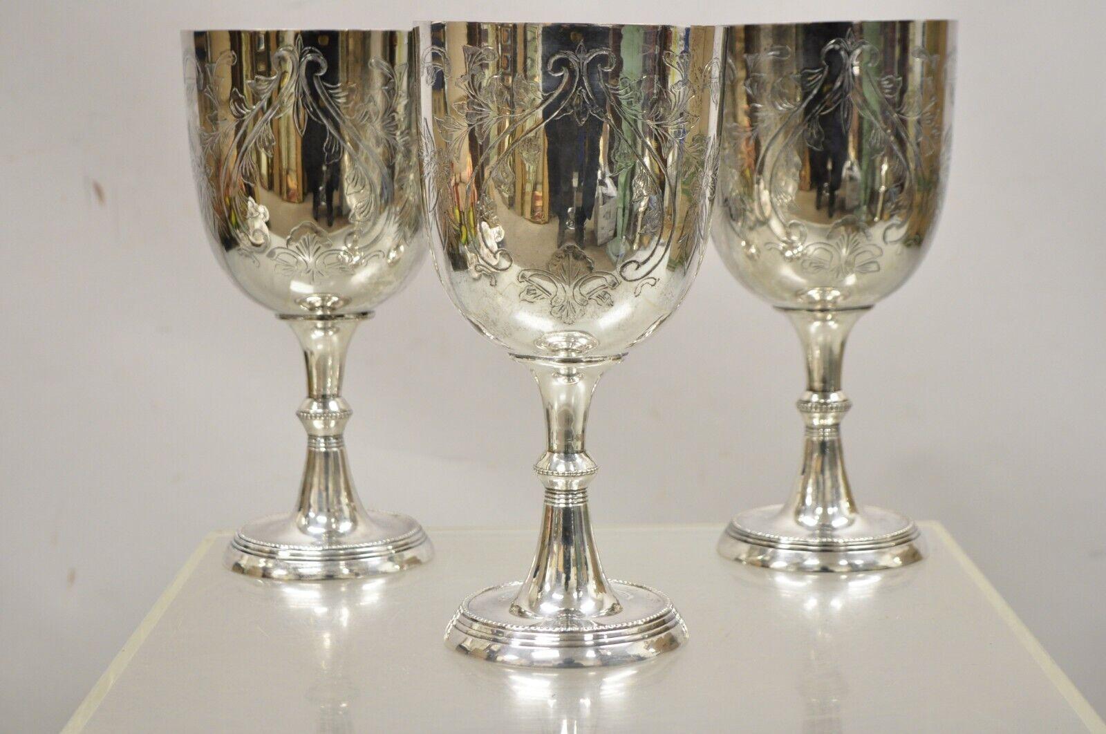 Vintage Victorian style silver plated large etched wine goblet cup - set of 3. Item features nice large size, etched leafy scroll design, very nice vintage set. circa Mid-20th Century. Measurements: 10.25