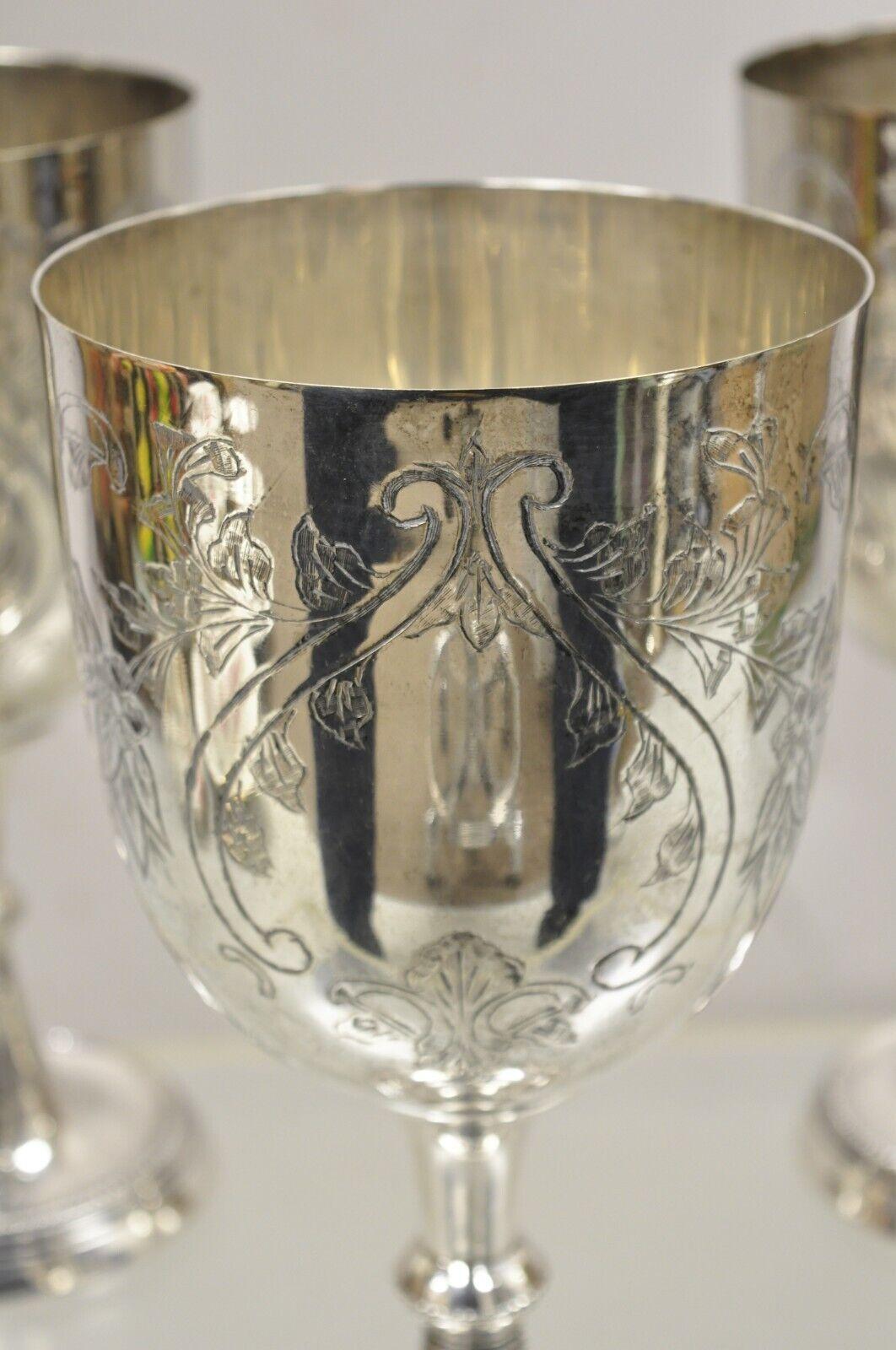 20th Century Vintage Victorian Style Silver Plated Large Etched Wine Goblet Cup, Set of 3