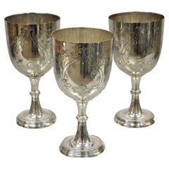 Retro Victorian Style Silver Plated Large Etched Wine Goblet Cup, Set of 3