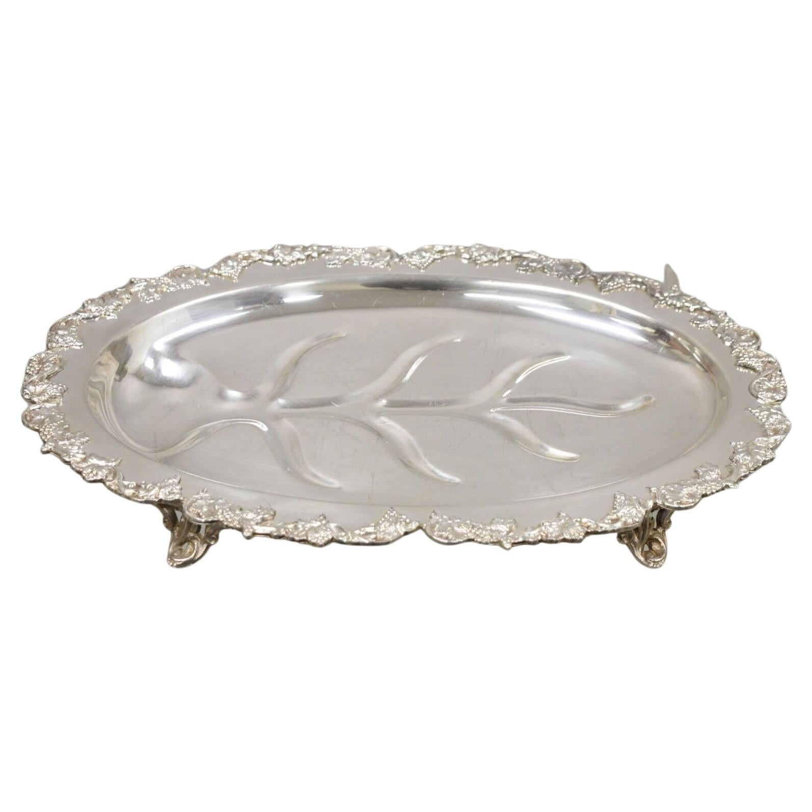 Vintage Victorian Style Silver Plated Oval Footed Meat Cutlery Platter Tray For Sale
