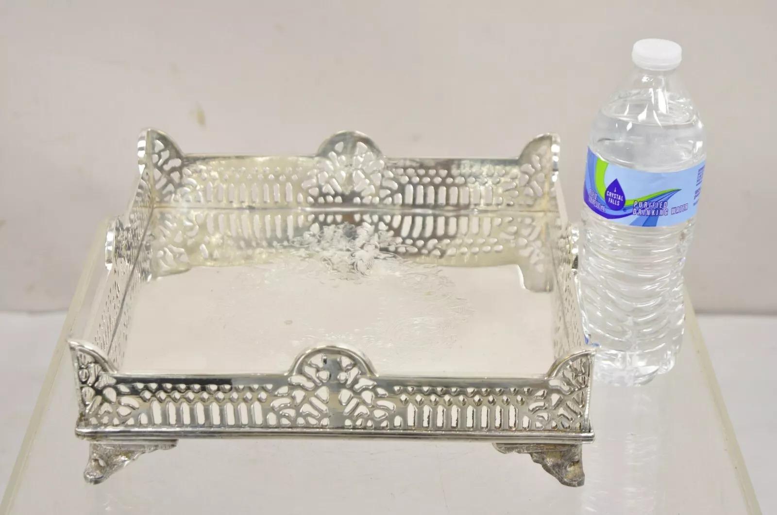 Vintage Victorian Style Silver Plated Raised Pierced Gallery Square Tray 5