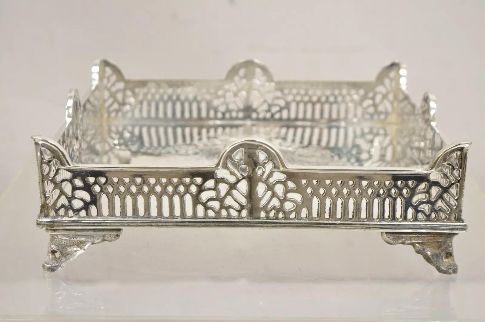 Vintage Victorian Style Silver Plated Raised Pierced Gallery Square Tray. Circa Late 20th Century. Measurements: 3
