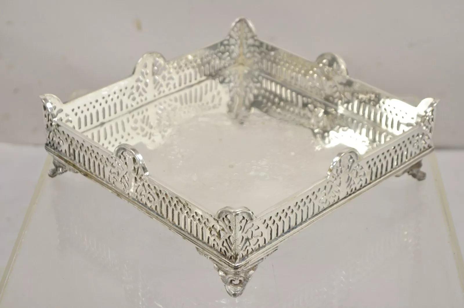 Unknown Vintage Victorian Style Silver Plated Raised Pierced Gallery Square Tray