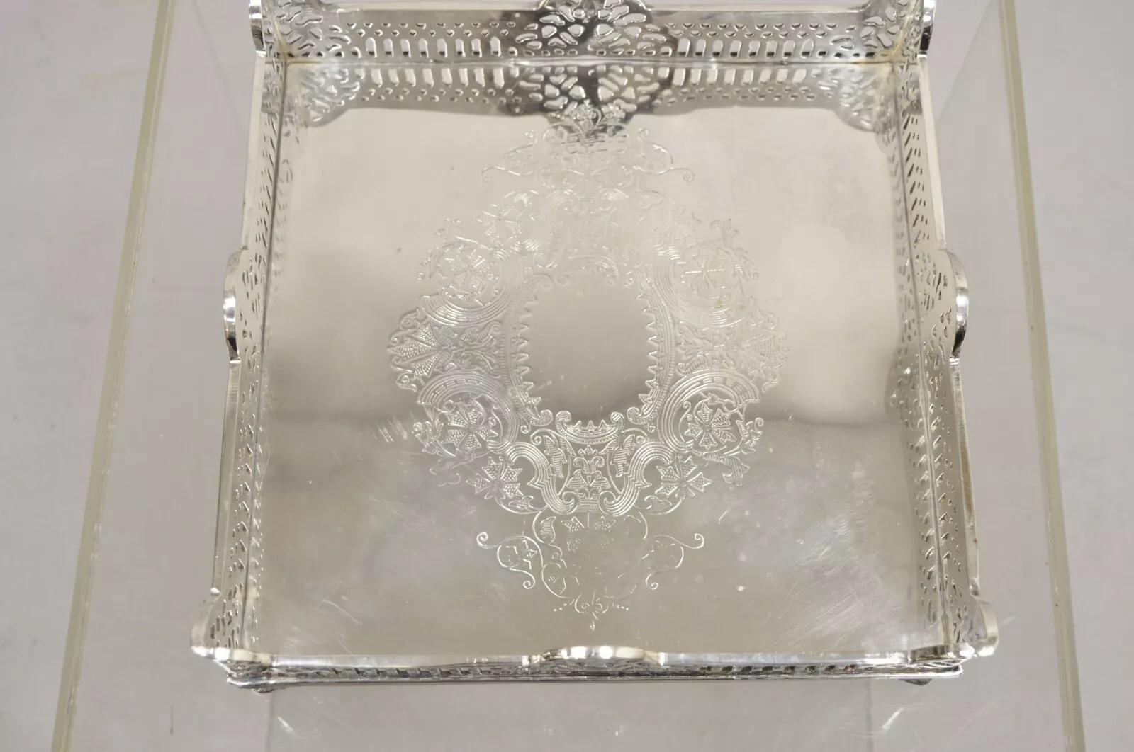 Vintage Victorian Style Silver Plated Raised Pierced Gallery Square Tray In Good Condition In Philadelphia, PA
