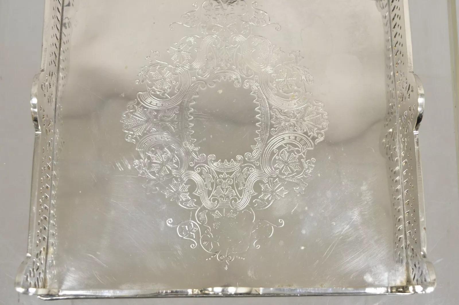 Vintage Victorian Style Silver Plated Raised Pierced Gallery Square Tray 1