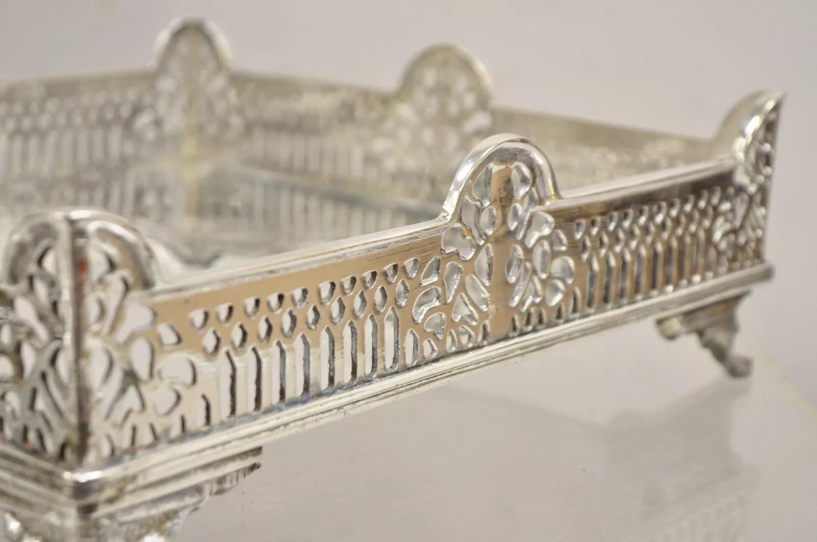 Vintage Victorian Style Silver Plated Raised Pierced Gallery Square Tray 3