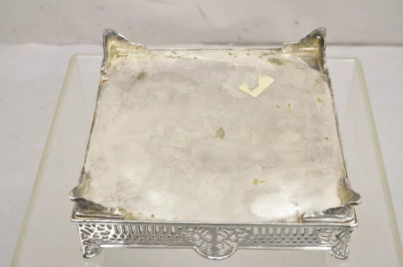 Vintage Victorian Style Silver Plated Raised Pierced Gallery Square Tray 4
