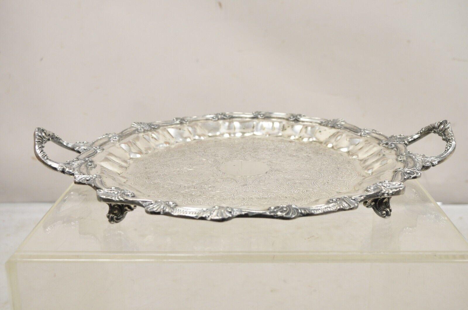 Vintage Victorian Style Silver Plated Scalloped Edge Round Serving Platter Tray. Circa Mid 20th Century. Measurements:  2.5