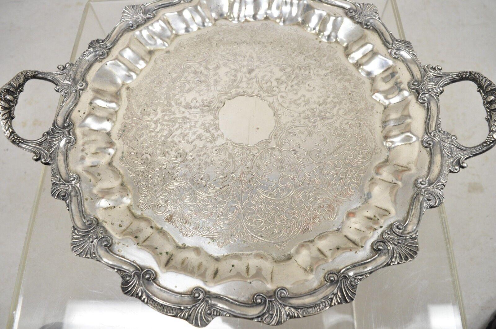 Vintage Victorian Style Silver Plated Scalloped Edge Round Serving Platter Tray In Good Condition For Sale In Philadelphia, PA