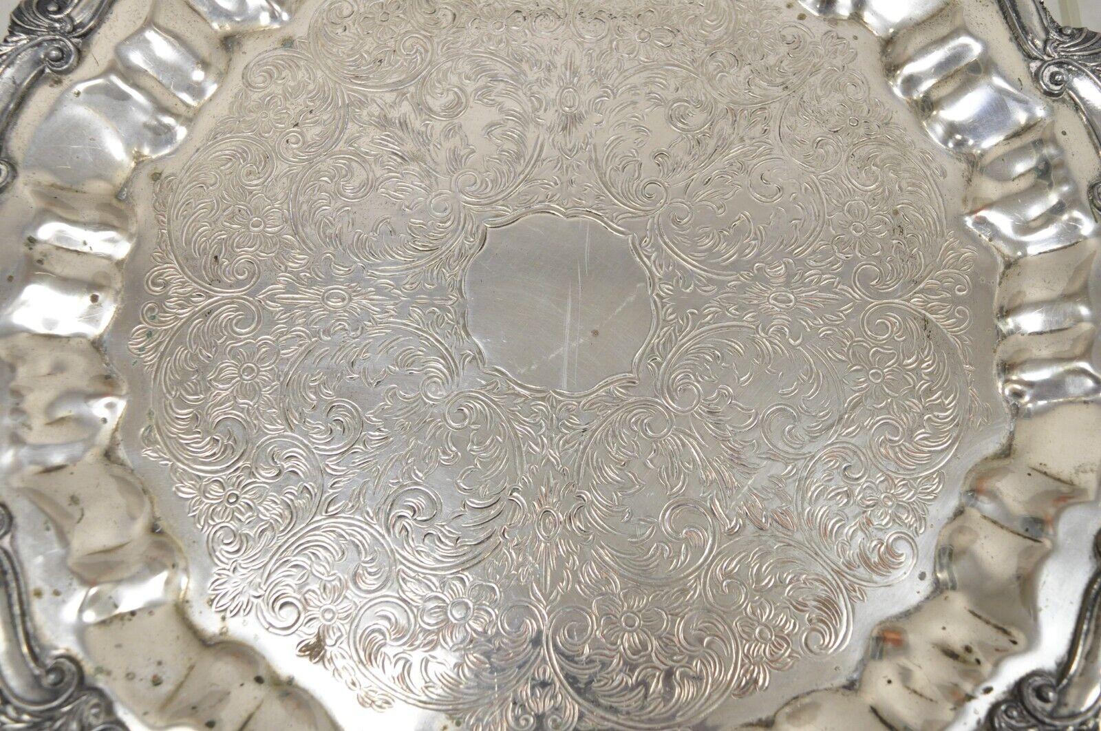 20th Century Vintage Victorian Style Silver Plated Scalloped Edge Round Serving Platter Tray For Sale