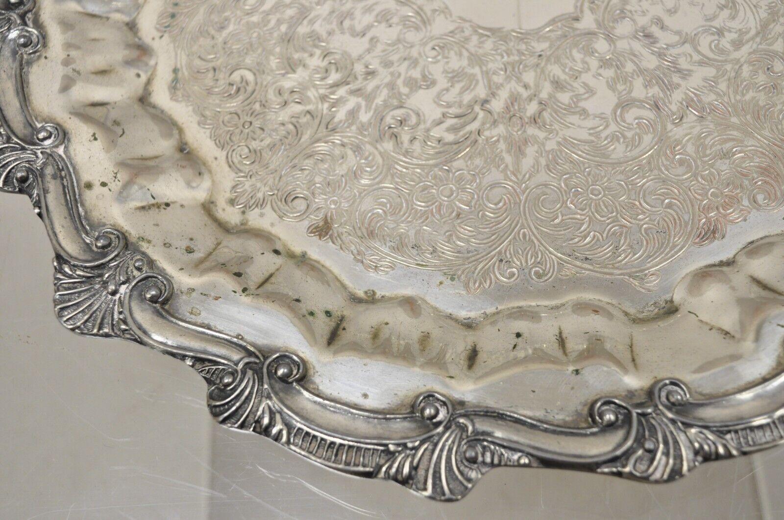 Vintage Victorian Style Silver Plated Scalloped Edge Round Serving Platter Tray For Sale 1