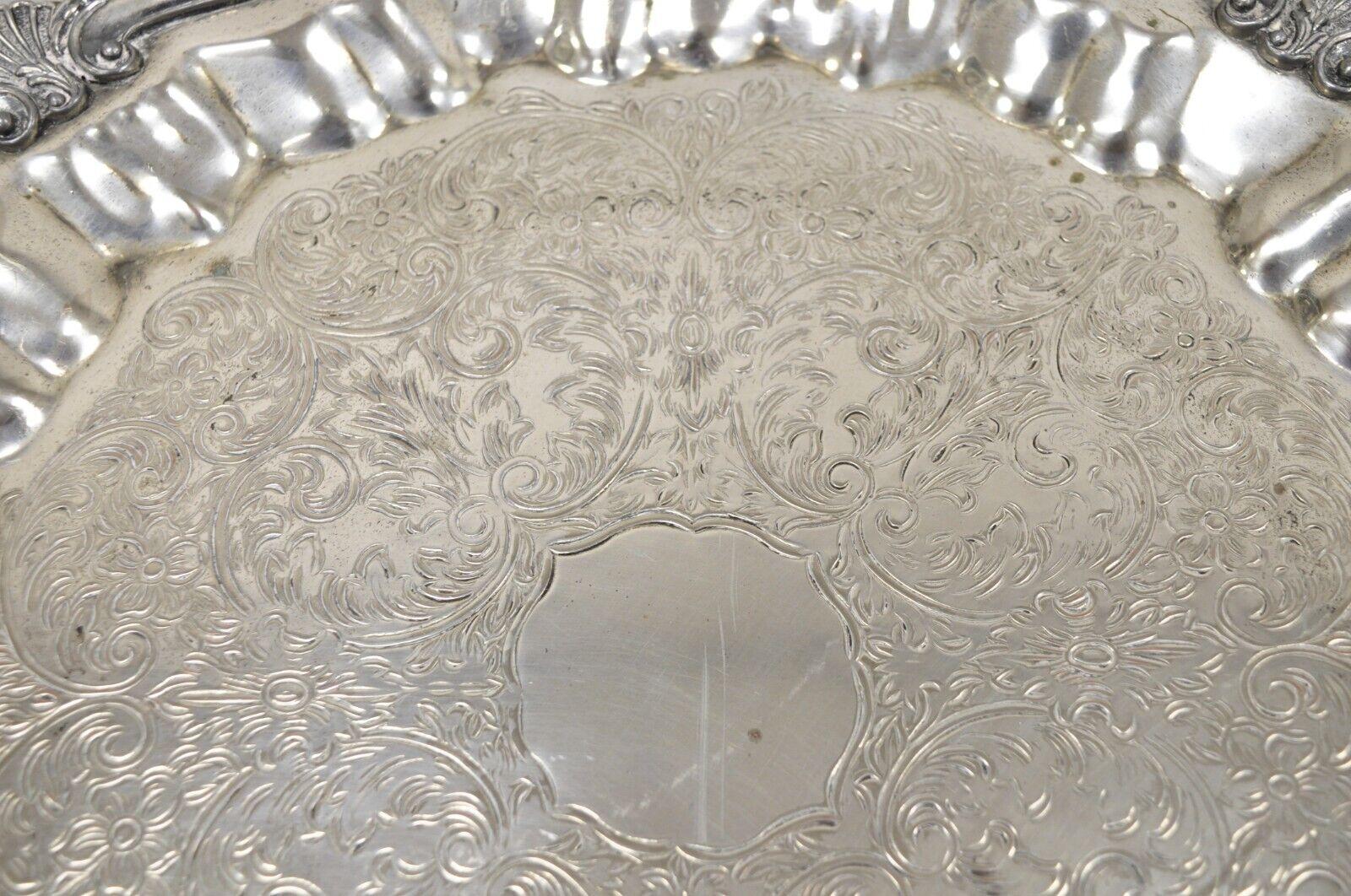 Vintage Victorian Style Silver Plated Scalloped Edge Round Serving Platter Tray For Sale 2
