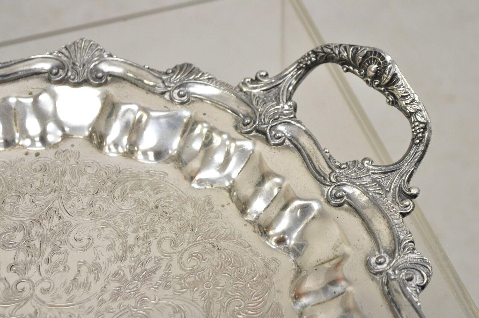 Vintage Victorian Style Silver Plated Scalloped Edge Round Serving Platter Tray For Sale 4