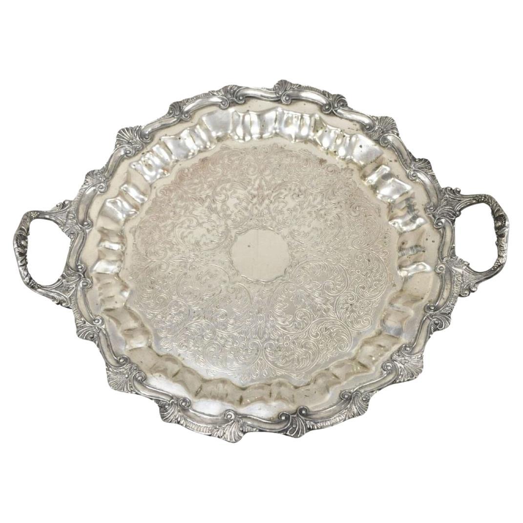 Vintage Victorian Style Silver Plated Scalloped Edge Round Serving Platter Tray For Sale