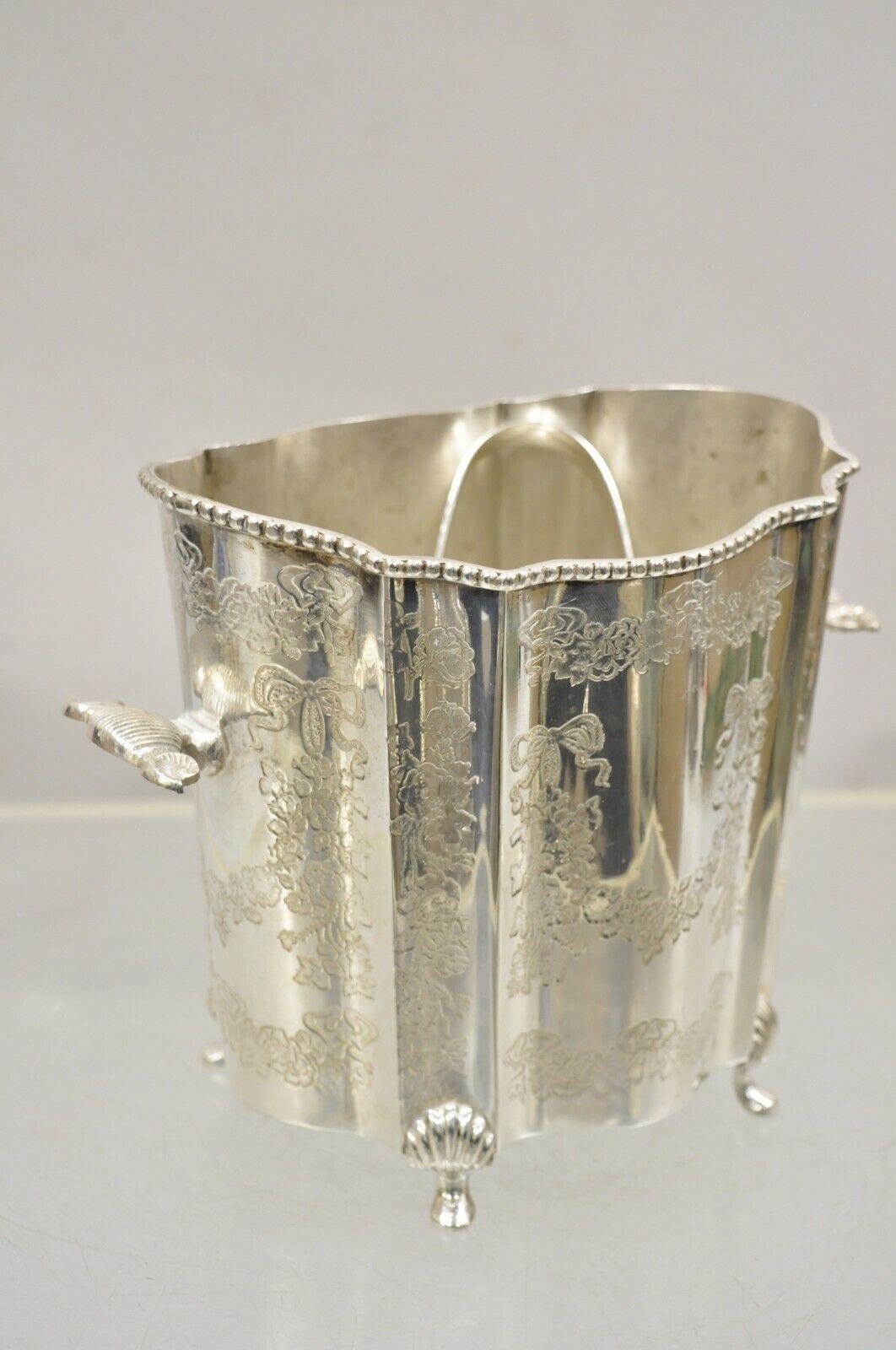 Vintage Victorian Style Silver Plated Small Scalloped Ice Bucket with Tonges For Sale 6