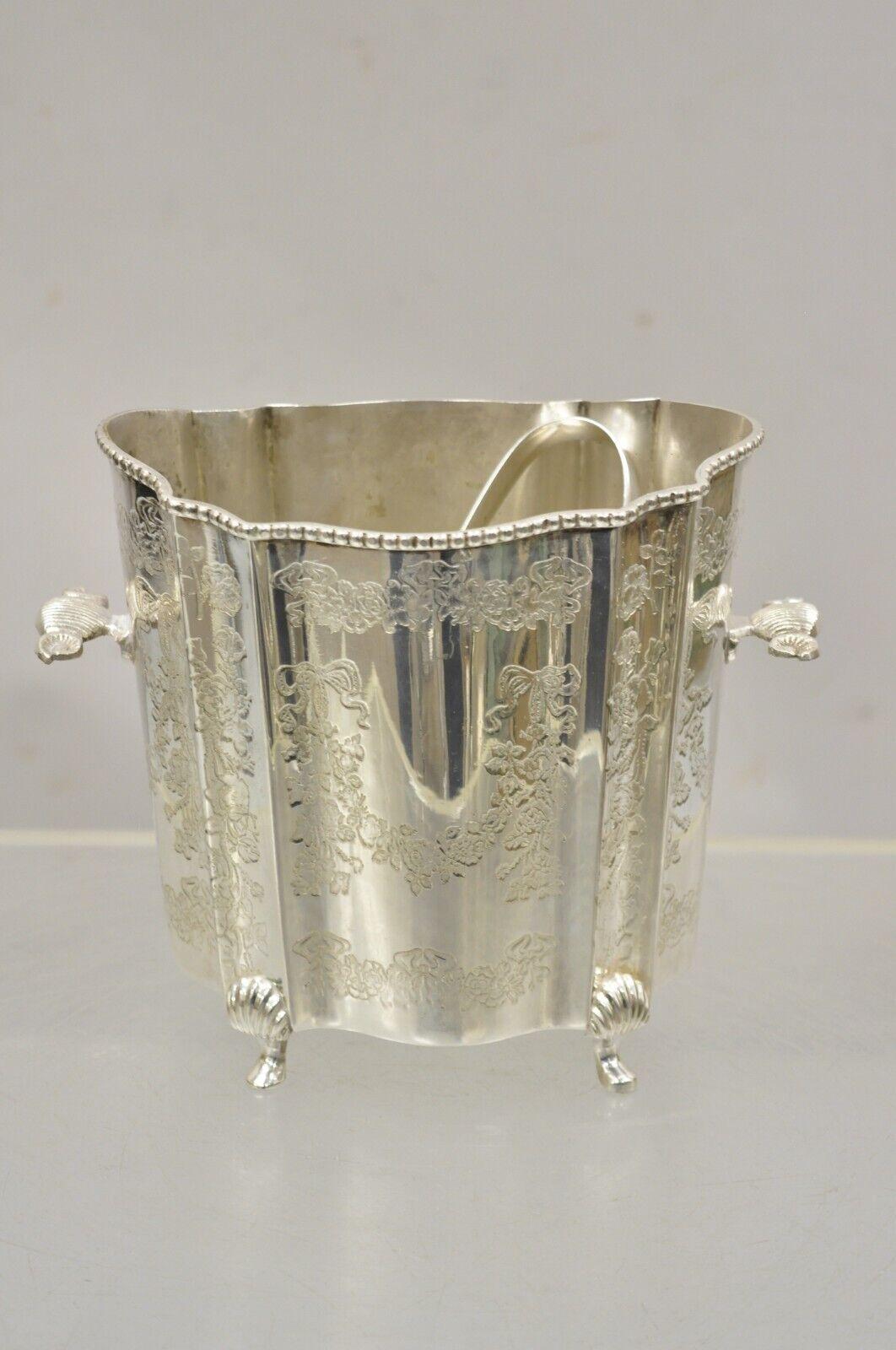 Vintage Victorian Style Silver Plated Small Scalloped Ice Bucket with Tonges For Sale 8