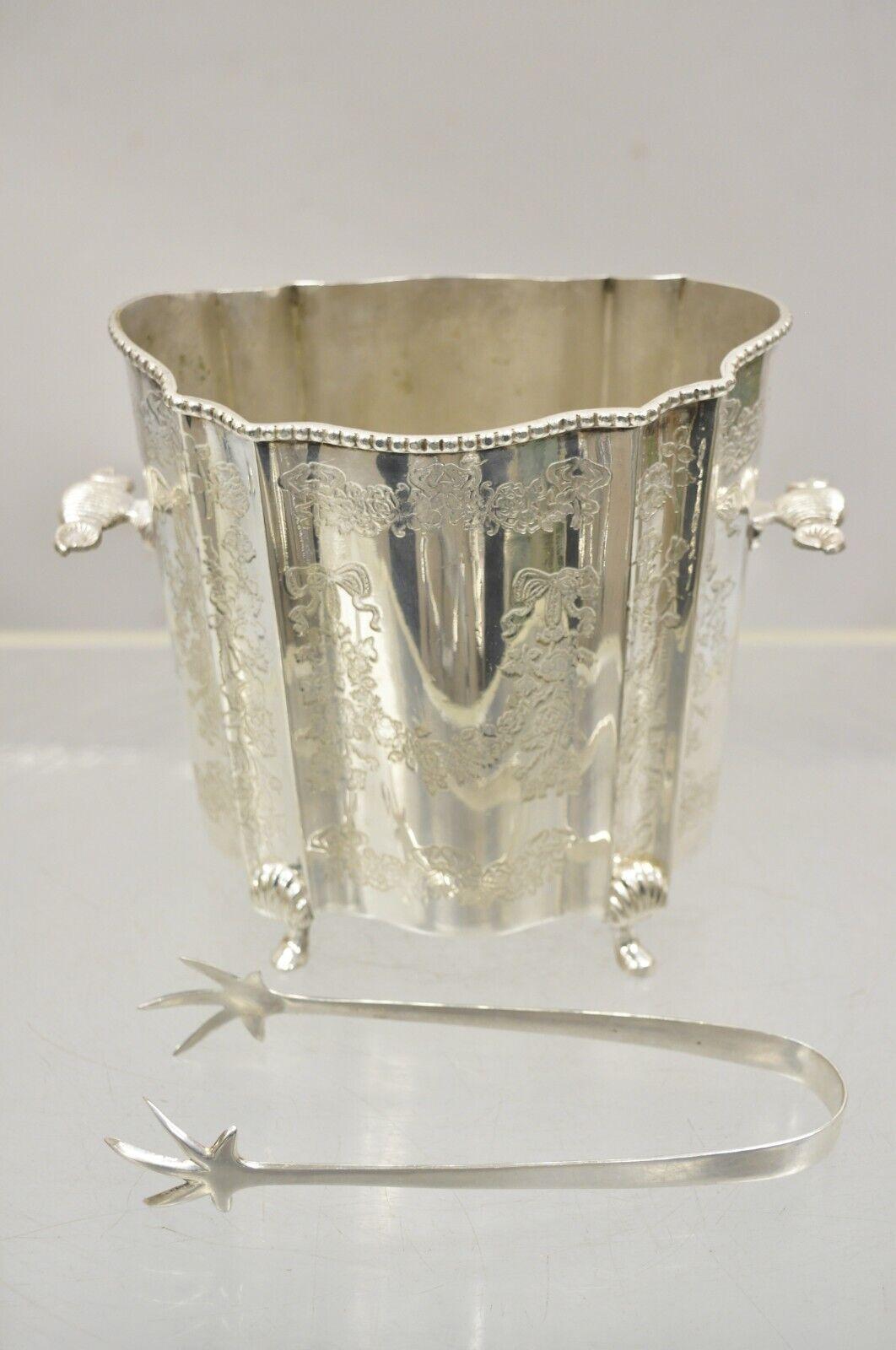 Vintage Victorian Style Silver Plated Small Scalloped Ice Bucket with Tonges For Sale 1