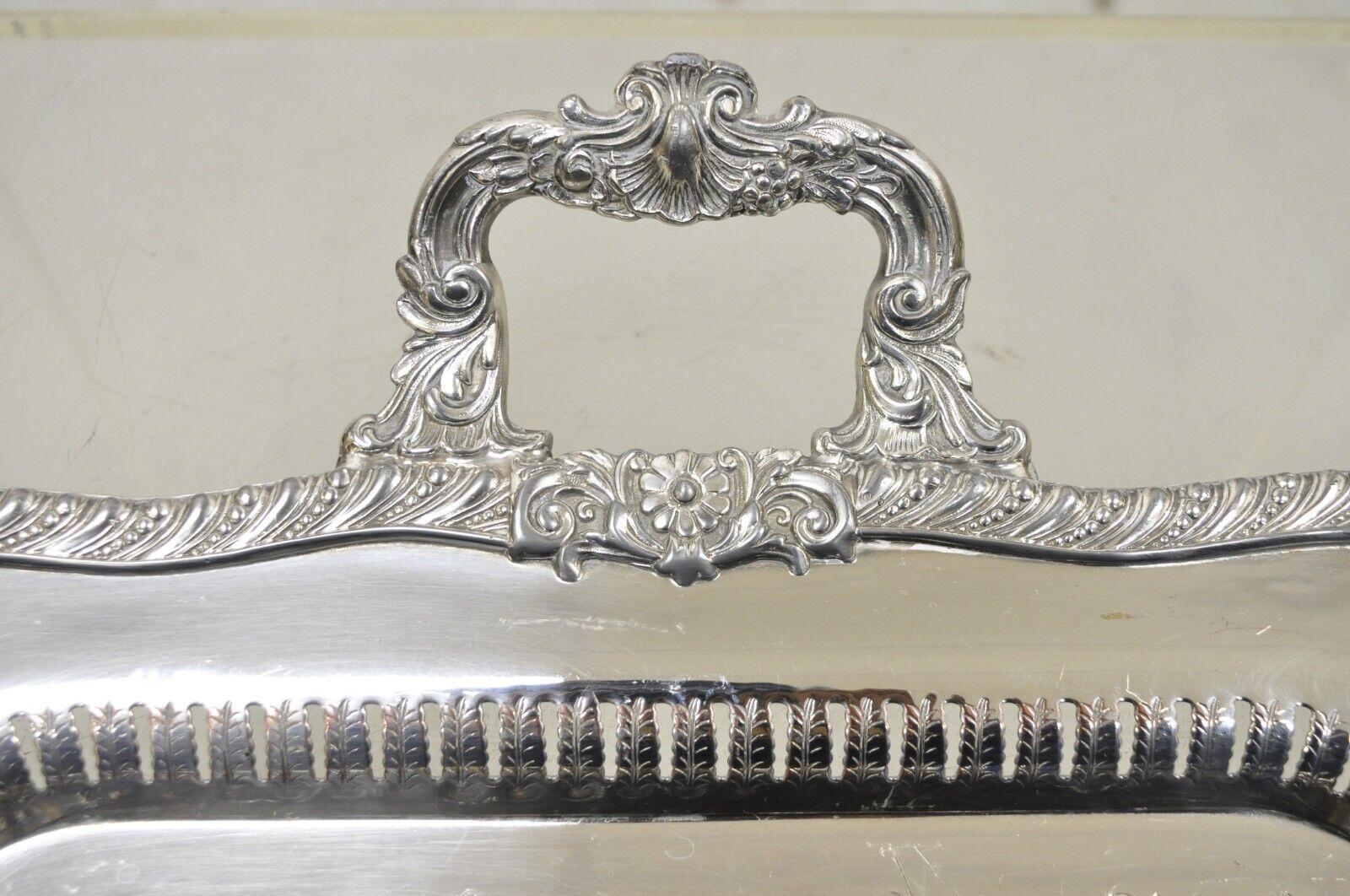 English Vintage Victorian Style Silver Plated Twin Handle Ornate Platter Tray For Sale