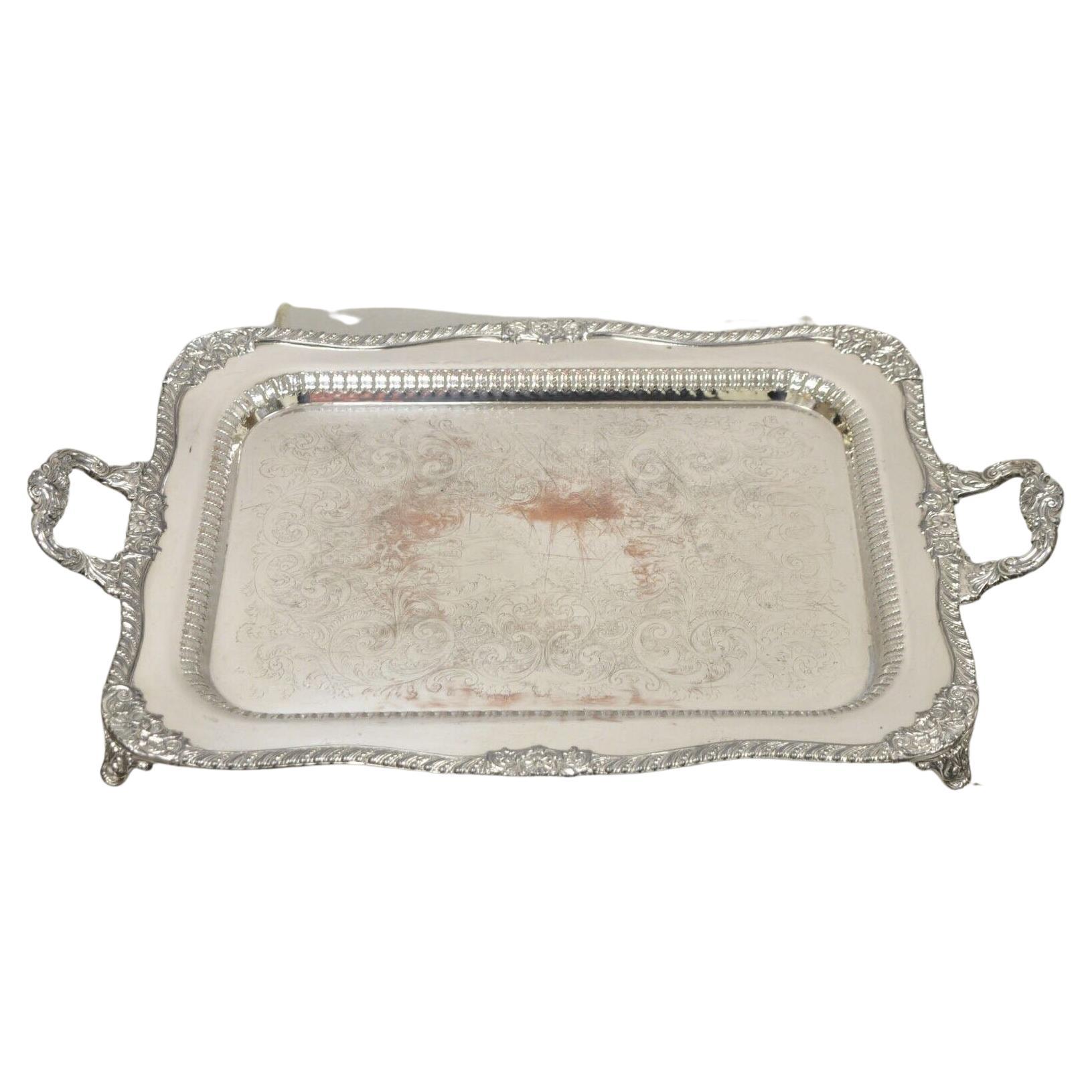 Vintage Victorian Style Silver Plated Twin Handle Ornate Platter Tray For Sale