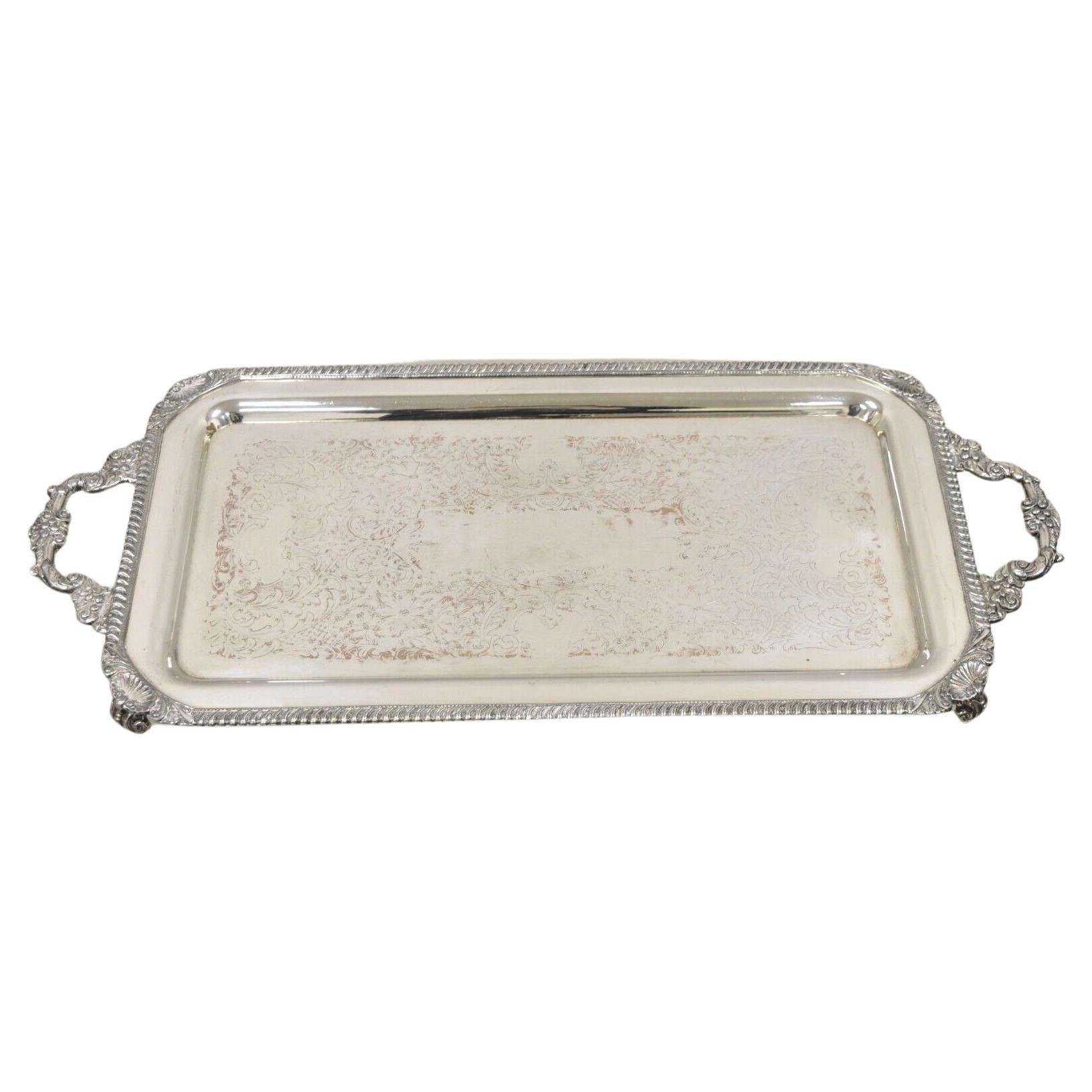 Vintage Victorian Style Silver Plated Twin Handle Ornate Serving Platter Tray For Sale