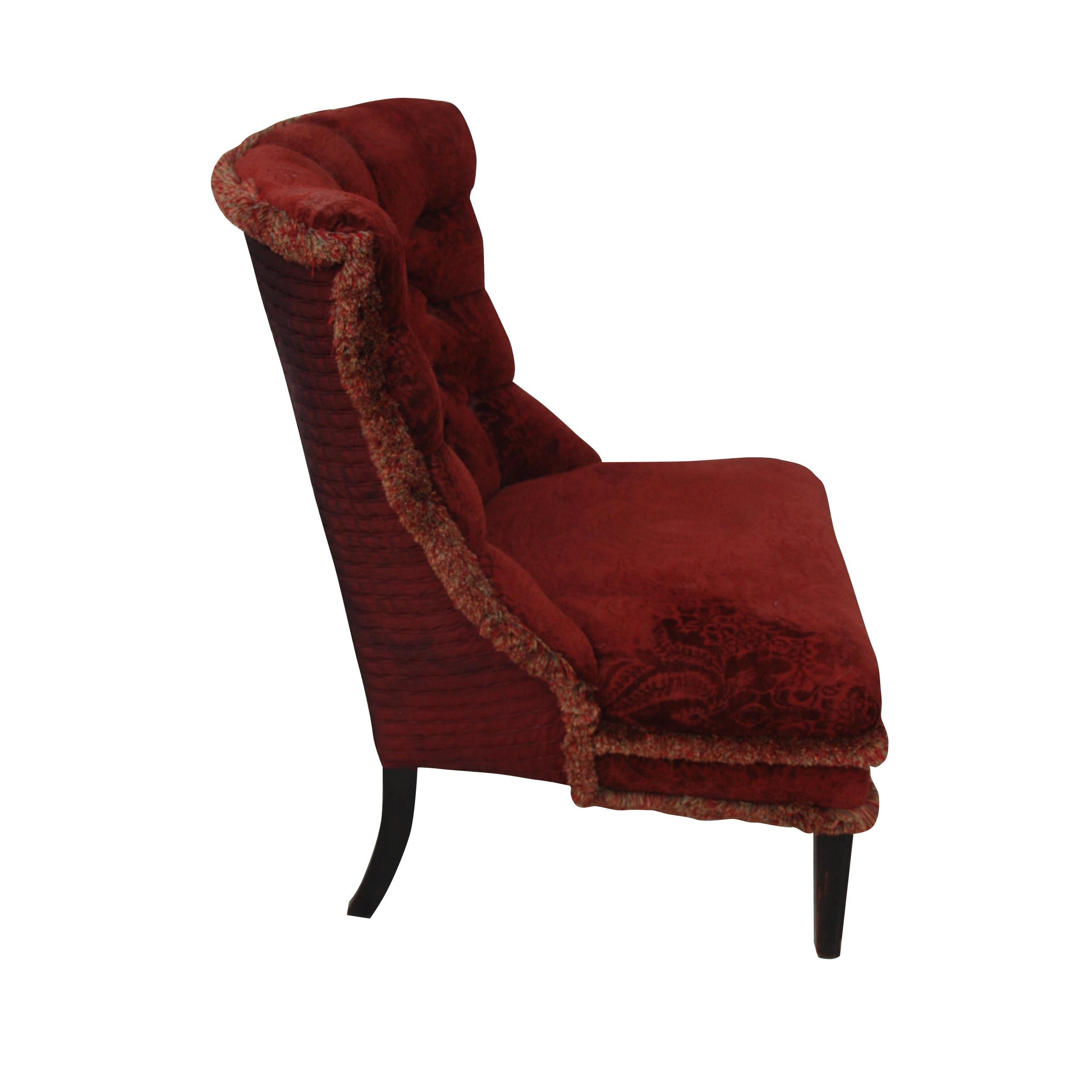 Vintage Victorian style slipper chair with tufting

English style slipper chair from the mid century features a tufted upholstered back with an upholstered seat. This fan back chair is perfect for welcoming the sitter comfortably. Upholstered in a