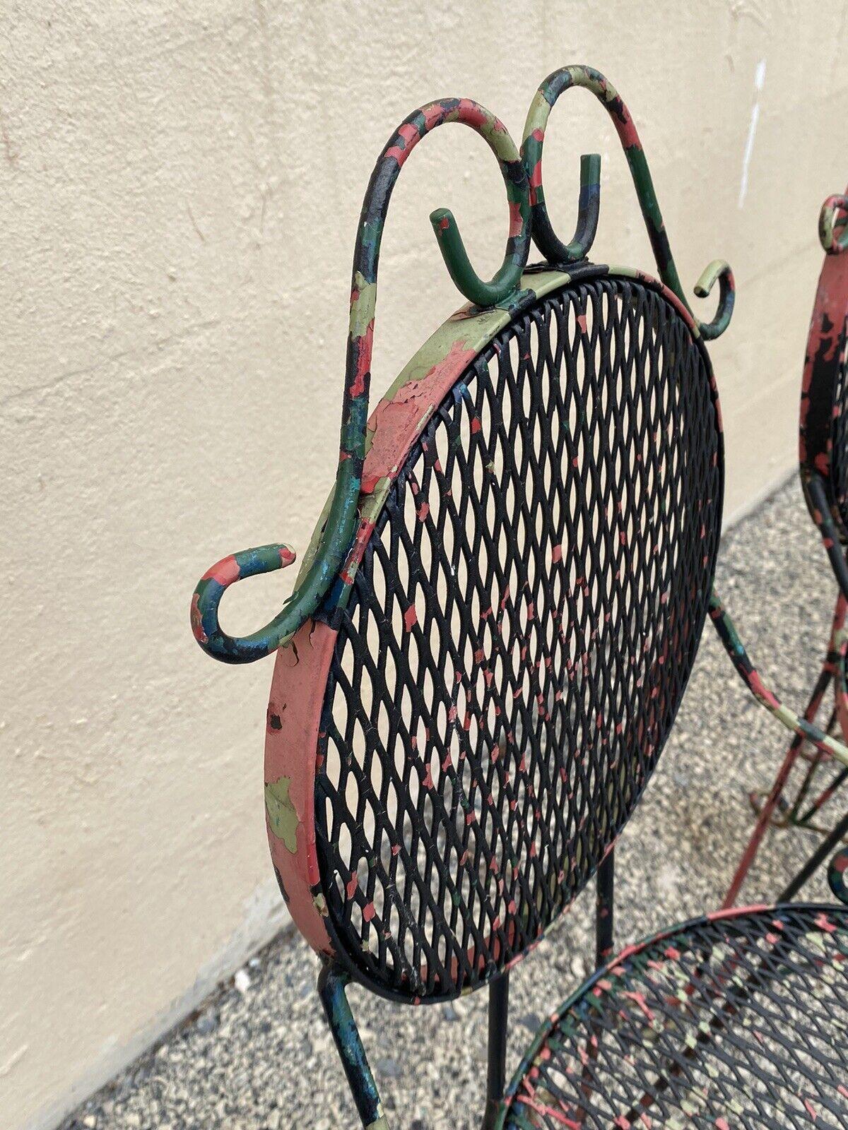Vintage Victorian Style Small Wrought Iron Camo Paint Garden Patio Chairs Set 4 For Sale 7