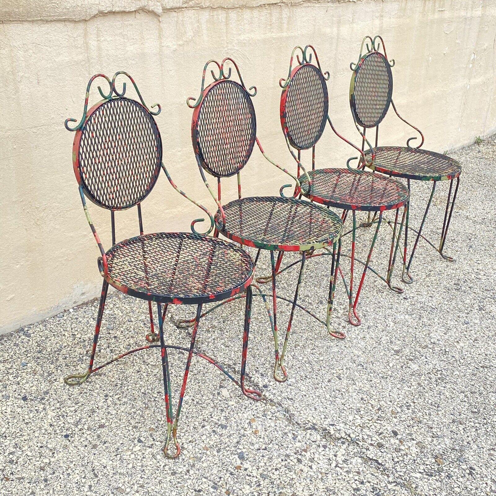 Vintage Victorian Style Small Wrought Iron Camo Paint Garden Patio Chairs Set 4 For Sale 8