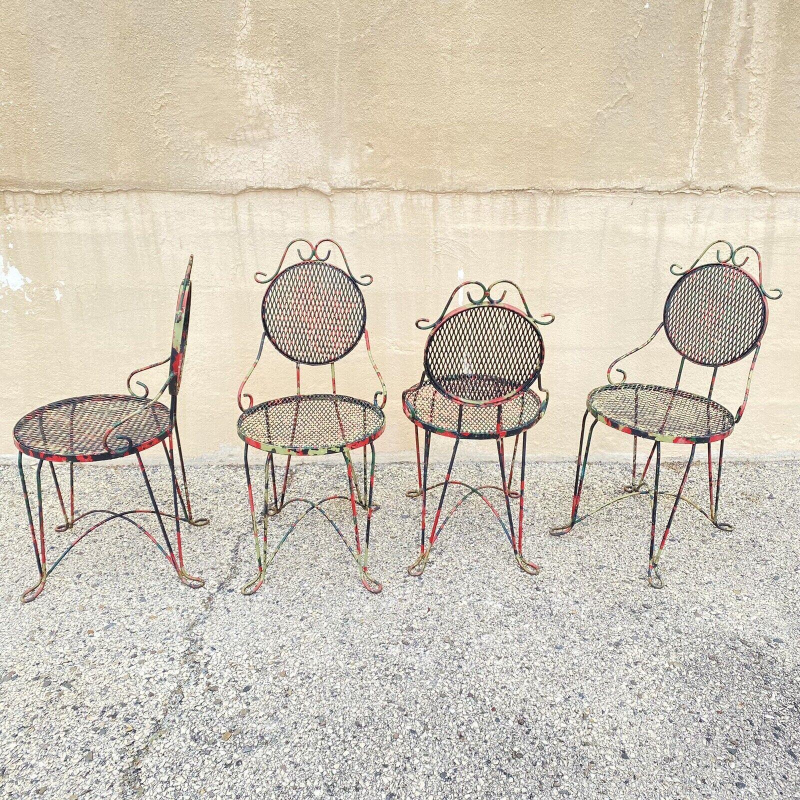 Vintage Victorian Style Small Wrought Iron Camo Paint Garden Patio Chairs Set 4 In Good Condition For Sale In Philadelphia, PA