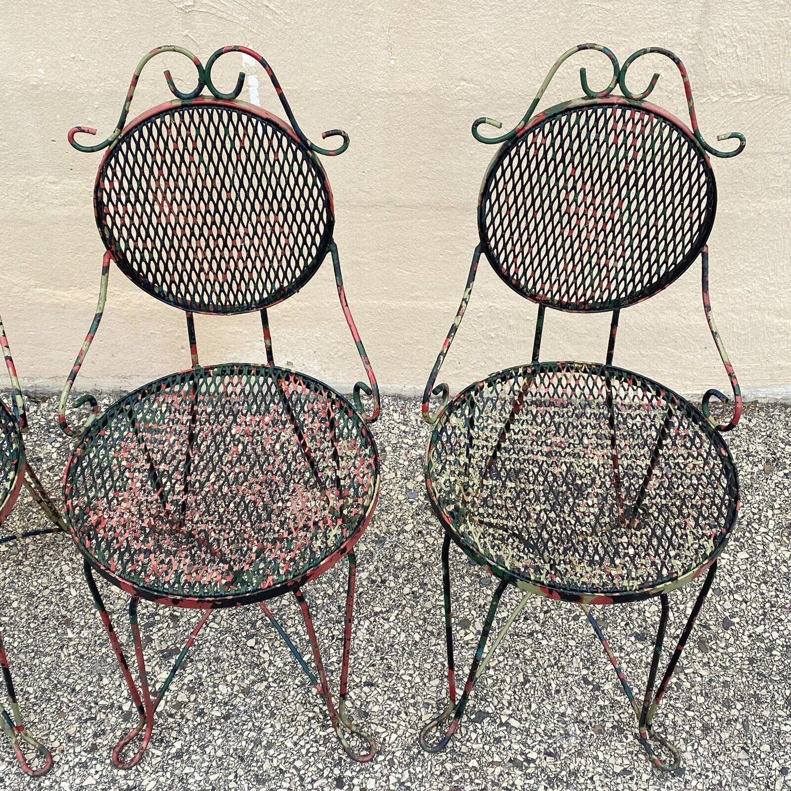 20th Century Vintage Victorian Style Small Wrought Iron Camo Paint Garden Patio Chairs Set 4 For Sale