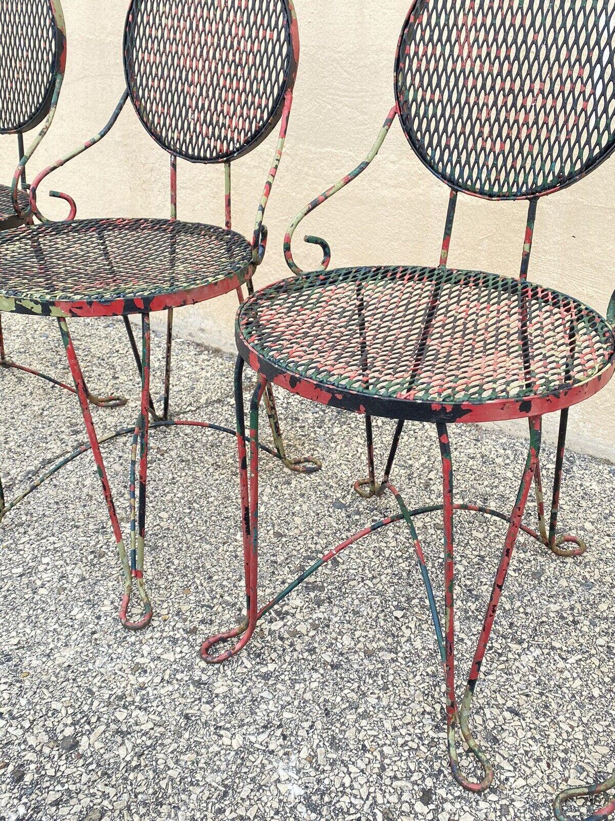 Vintage Victorian Style Small Wrought Iron Camo Paint Garden Patio Chairs Set 4 For Sale 3