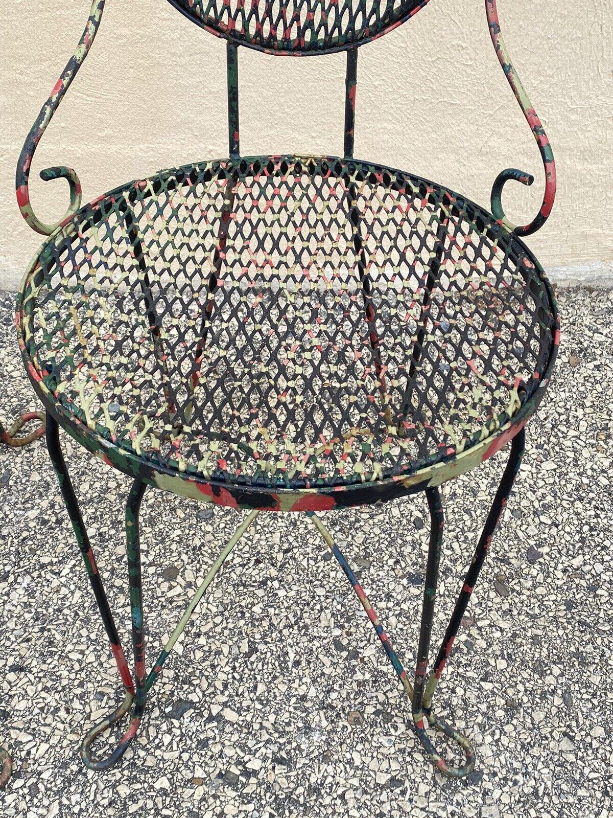 Vintage Victorian Style Small Wrought Iron Camo Paint Garden Patio Chairs Set 4 For Sale 4