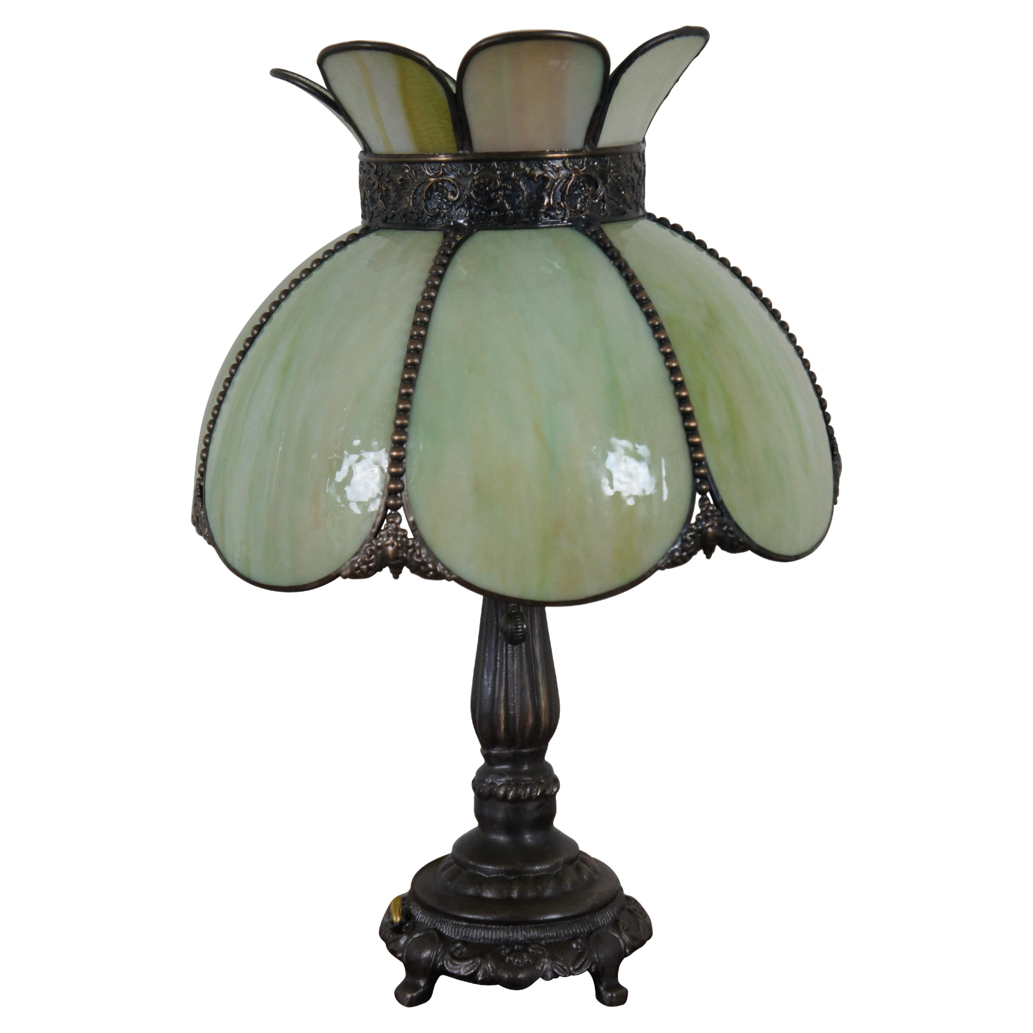Vintage Victorian Style Stained Slag Glass 2 Light Parlor Table Lamp 22"