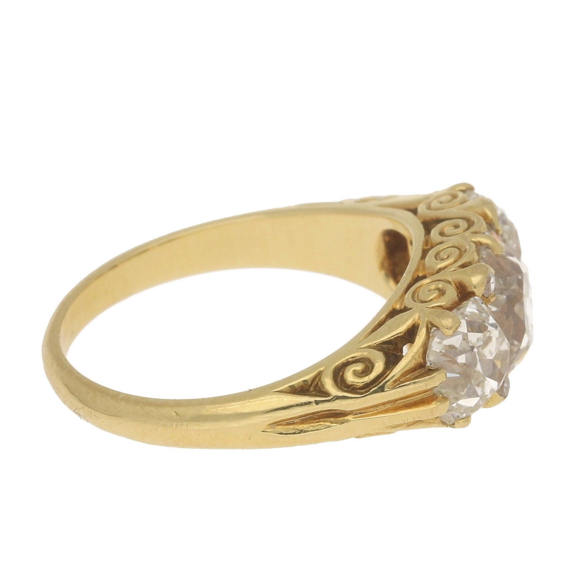 Late Victorian Old Mine Cut Diamond Three-Stone Ring in 18 Karat Yellow ...