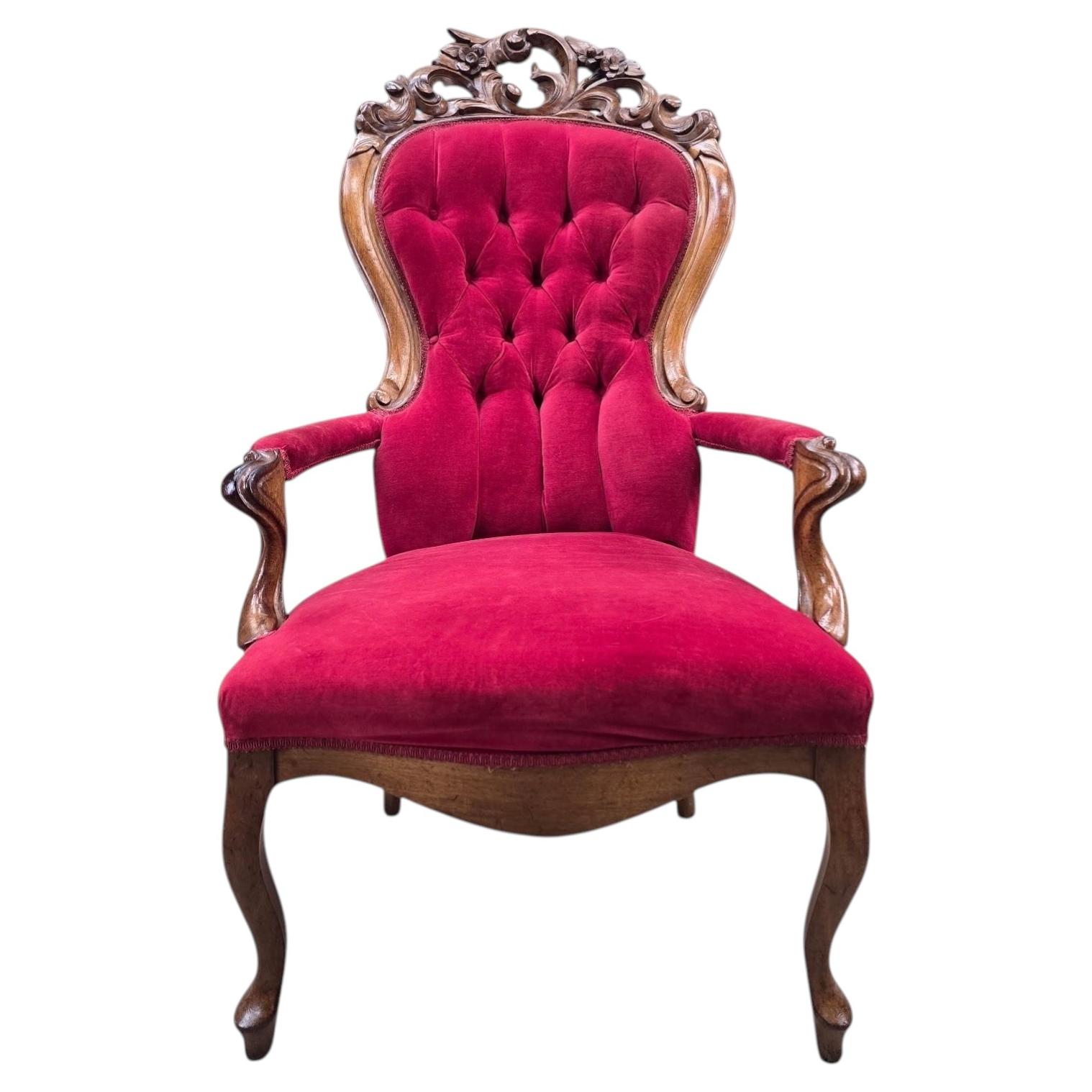 Vintage Victorian Style Tufted Red Velvet Armchair For Sale